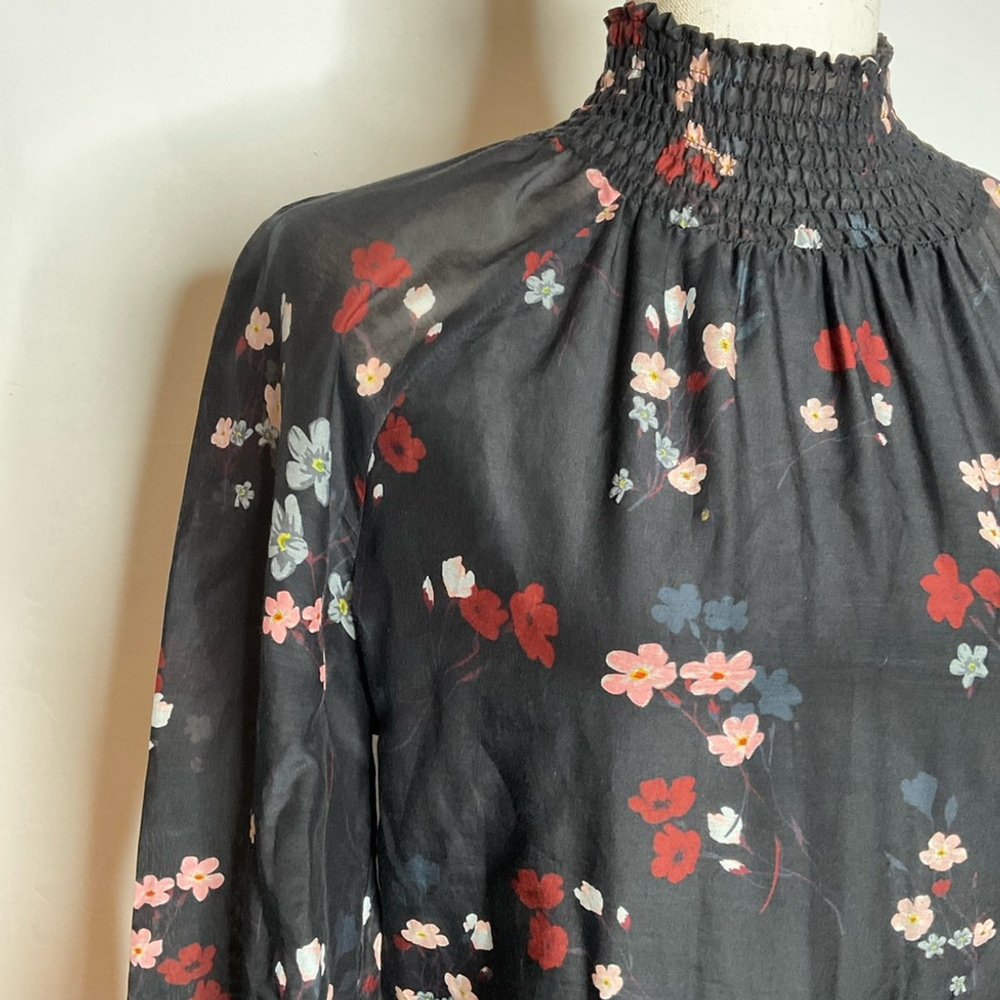 Caballero Anthropologie Black Floral Silk Blend High Collar Balloon Sleeve Maxi
